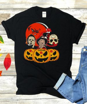 Halloween Horror Movie Pumpkin and Jason Voorhees And Freddy Krueger Cleveland Browns shirt