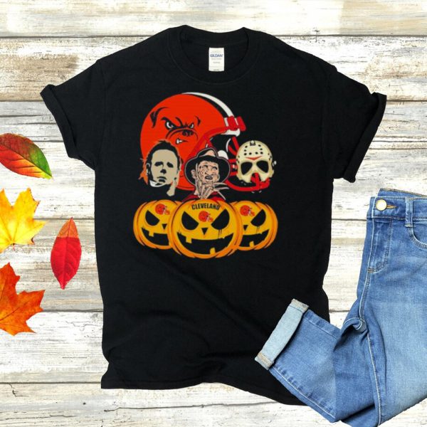 Halloween Horror Movie Pumpkin and Jason Voorhees And Freddy Krueger Cleveland Browns shirt