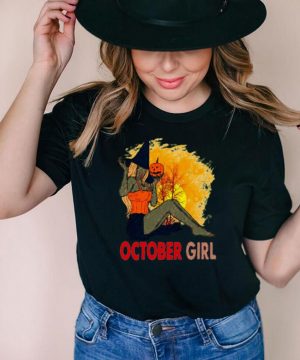 Halloween October Girl Pumpkin Witch Hat Sunset T shirt
