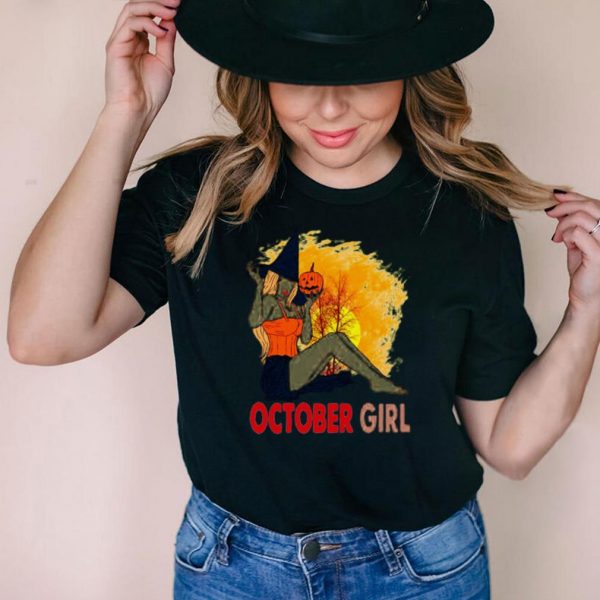 Halloween October Girl Pumpkin Witch Hat Sunset T shirt
