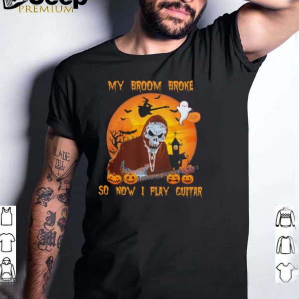 Skeleton My Broom Broke So Now I Play Guitar Halloween shirt