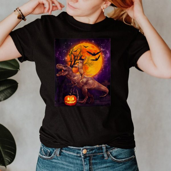 Witch Cat Ridding Dinosaur Moon Pumpkin Halloween shirt