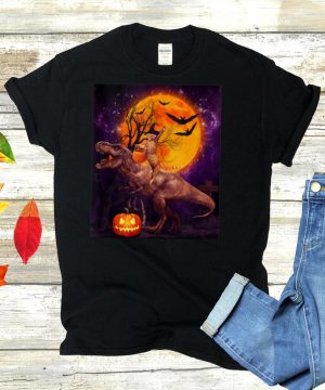 Witch Cat Ridding Dinosaur Moon Pumpkin Halloween shirt