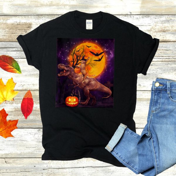 Witch Cat Ridding Dinosaur Moon Pumpkin Halloween shirt