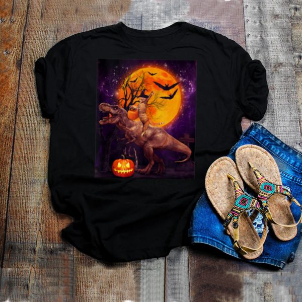 Witch Cat Ridding Dinosaur Moon Pumpkin Halloween shirt