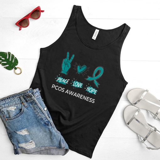 Peace Love Hope PCOS Awareness Month Teal Ribbon Support T Shirt
