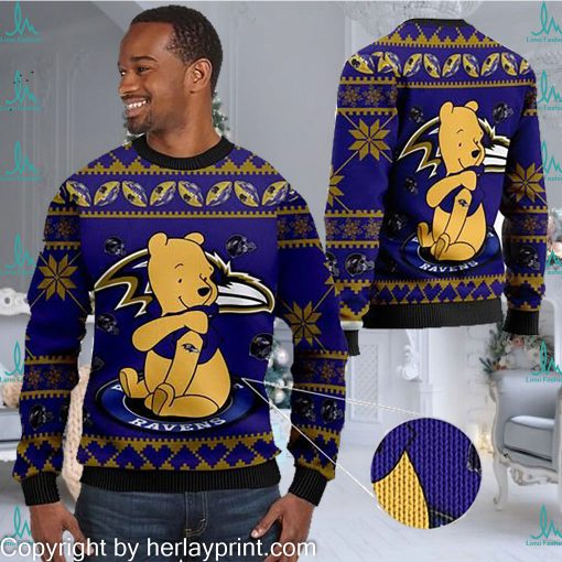 Baltimore Ravens NFL American Football Team Logo Cute Winnie The Pooh Bear 3D Ugly Christmas Sweater Shirt For Men And Women On Xmas