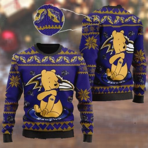 Baltimore Ravens NFL American Football Team Logo Cute Winnie The Pooh Bear 3D Ugly Christmas Sweater Shirt For Men And Women On Xmas