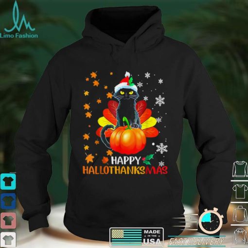Black Cat Halloween And Merry Christmas Happy Hallothanksmas T Shirt