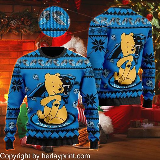 Carolina Panthers NFL American Football Team Logo Cute Winnie The Pooh Bear 3D Ugly Christmas Sweater Shirt For Men And Women On Xmas