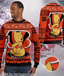 Cincinnati Bengals NFL American Football Team Logo Cute Winnie The Pooh Bear 3D Ugly Christmas Sweater Shirt For Men And Women On Xmas