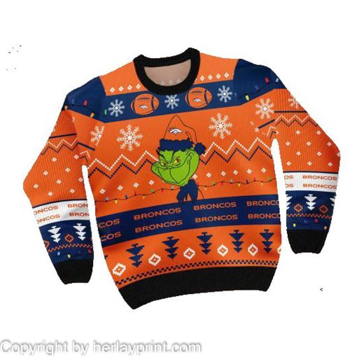 Denver Broncos American NFL Football Team Logo Cute Grinch 3D Men And Women Ugly Sweater Shirt For Sport Lovers On Christmas
