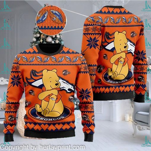 Denver Broncos NFL American Football Team Logo Cute Winnie The Pooh Bear 3D Ugly Christmas Sweater Shirt For Men And Women On Xmas