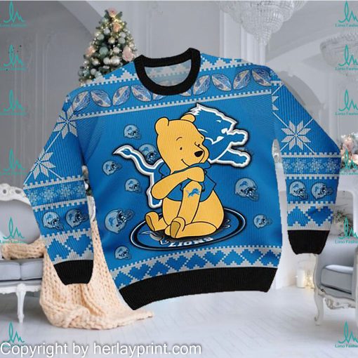 Detroit Lions NFL American Football Team Logo Cute Winnie The Pooh Bear 3D Ugly Christmas Sweater Shirt For Men And Women On Xmas