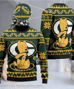 Green Bay Packers NFL American Football Team Logo Cute Winnie The Pooh Bear 3D Ugly Christmas Sweater Shirt For Men And Women On Xmas