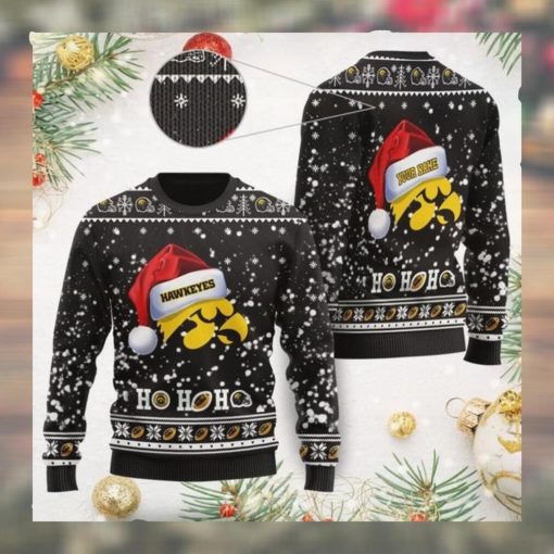 Iowa Hawkeyes NCAA Symbol Wearing Santa Claus Hat Cute Pattern Ho Ho Ho Custom Personalized Ugly Christmas Sweater Wool Shir