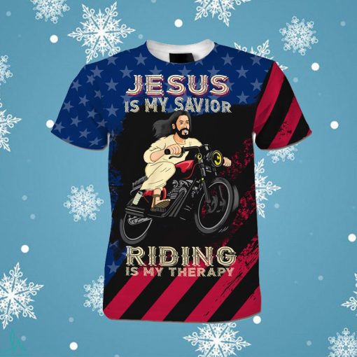 Jesus Riding American Flag 3D All Over Print T Shirt For God And Motorcycle Lovers In Daily Lifes