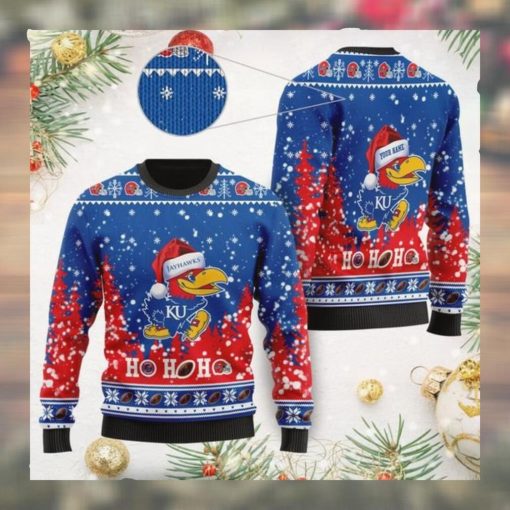 Kansas Jayhawks NCAA Symbol Wearing Santa Claus Hat Cute Pattern Ho Ho Ho Custom Personalized Ugly Christmas Sweater Wool Shirt