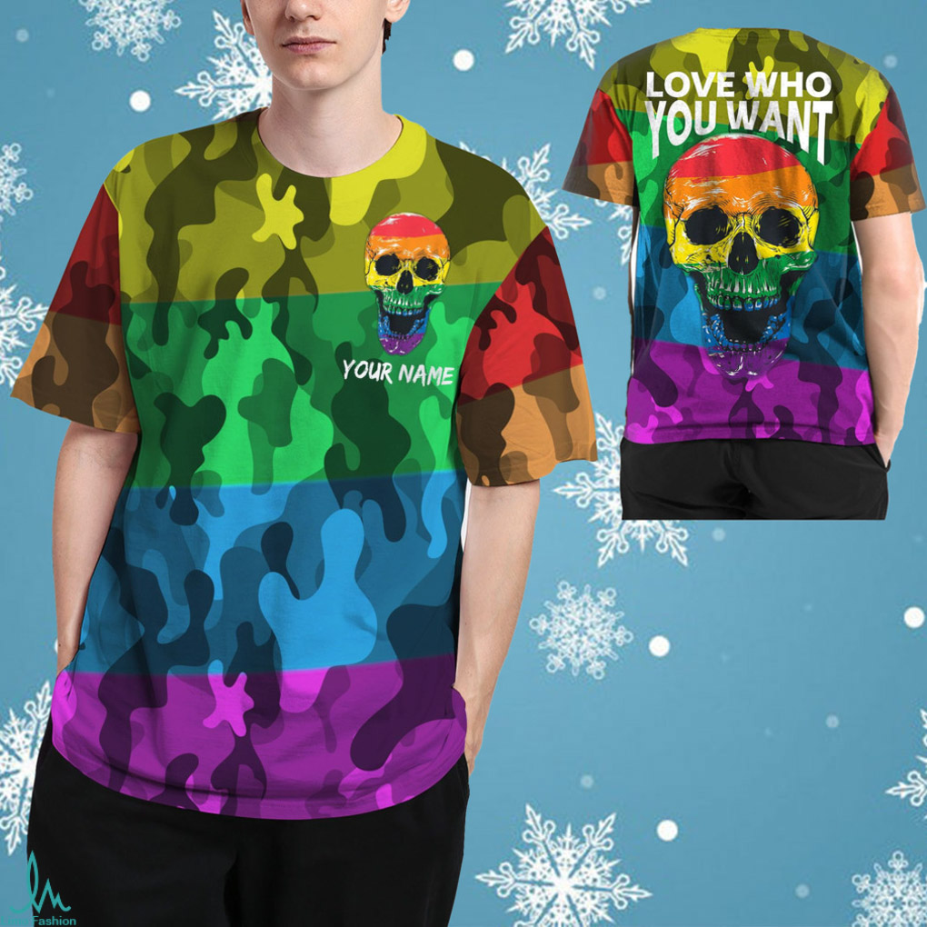 LGBT Rainbow Camouflage Skull Custom Name 3D All Over Print T Shirt For Gay Lesbian Bisexual Transgender In Pride Month