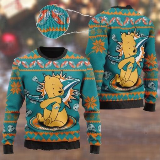 Miami Dolphins NFL American Football Team Logo Cute Winnie The Pooh Bear 3D Ugly Christmas Sweater Shirt For Men And Women On Xmas