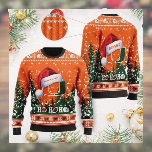 Miami Hurricanes NCAA Symbol Wearing Santa Claus Hat Cute Pattern Ho Ho Ho Custom Personalized Ugly Christmas Sweater Wool S