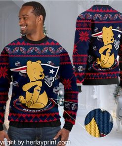 New England Patriots NFL American Football Team Logo Cute Winnie The Pooh Bear 3D Ugly Christmas Sweater Shirt For Men And Women On Xmas