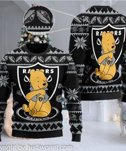Oakland Raiders NFL American Football Team Logo Cute Winnie The Pooh Bear 3D Ugly Christmas Sweater Shirt For Men And Women On Xmas