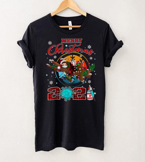 Official Merry Christmas 2021 Sloth Mask Red Plaid Pajama Kids Girl T Shirt