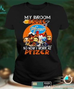 Official horror Halloween chibi my broom broke so now I work at Pfizer shirt