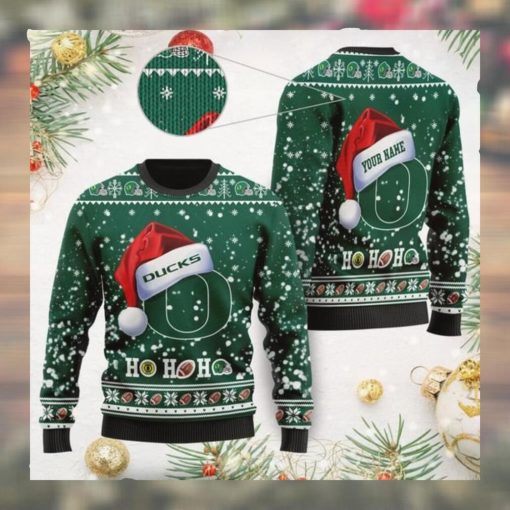 Oregon Ducks NCAA Symbol Wearing Santa Claus Hat Cute Pattern Ho Ho Ho Custom Personalized Ugly Christmas Sweater Wool Shirt