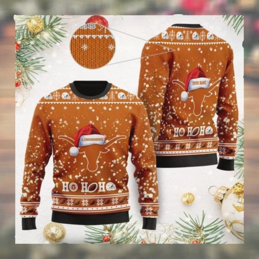 Texas Longhorns NCAA Symbol Wearing Santa Claus Hat Cute Pattern Ho Ho Ho Custom Personalized Ugly Christmas Sweater Wool Sh