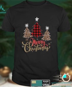 Women Leopard Plaid Christmas Tree Merry Christmas T Shirt