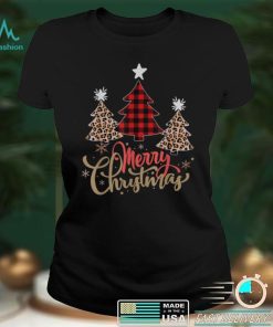 Women Leopard Plaid Christmas Tree Merry Christmas T Shirt