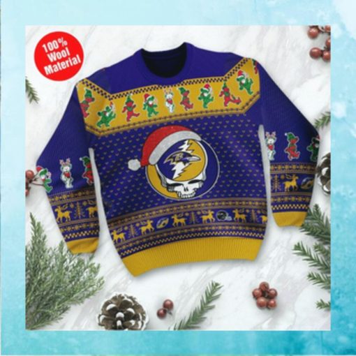 Baltimore Ravens Grateful Dead SKull And Bears Custom Name Ugly Sweater NFL Football Christmas Shirt