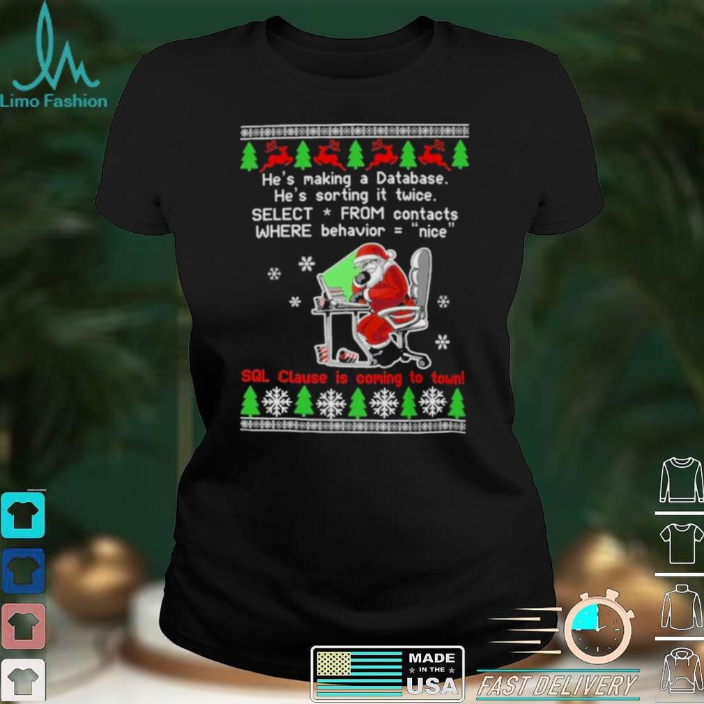 Santa Claus hes making database hes sorting it twice select from contacts where behavior nice Ugly Christmas shirt