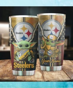 Baby Yoda Love Pittsburgh Steelers Custom Name US Flag Tumbler
