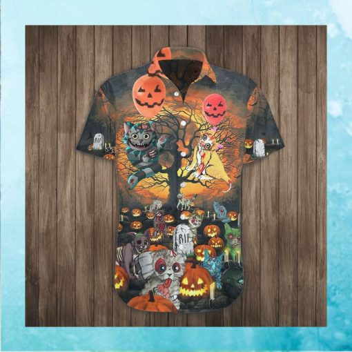 Cat Pumpkin Halloween Hawaiian Shirt Cat Themed Halloween Button Up Shirt Apparel
