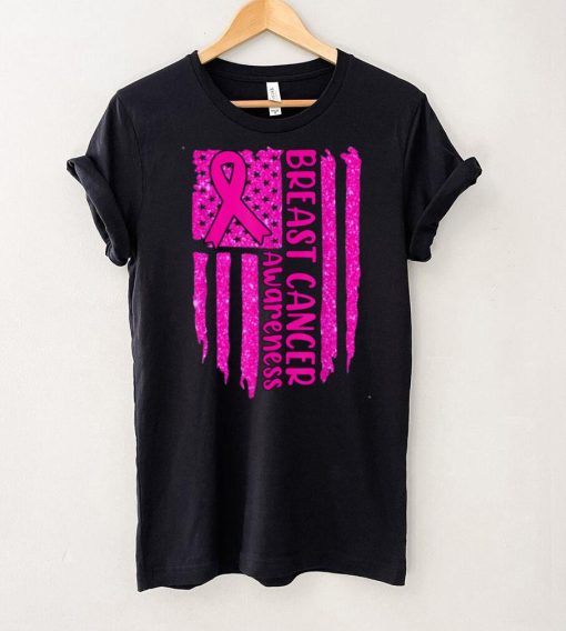 Breast cancer American flag ribbon pink awareness support T Shirt