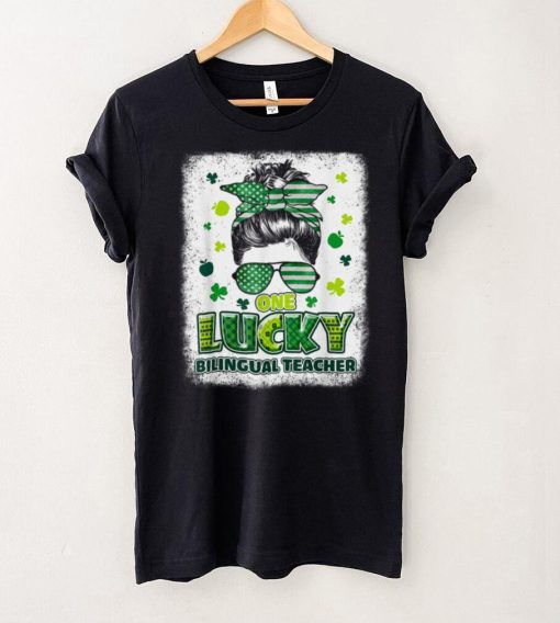 Shamrock One Lucky Bilingual Teacher Messy Bun Patricks Day T Shirt Shirt