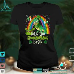 Womens St Patrick's Day Shenanigans Funny Lepresaur Rainbow V Neck T Shirt Shirt