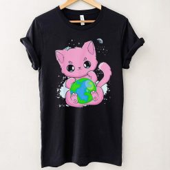 Black Cat Earth Day Globe Anime Neko Kitten T Shirt