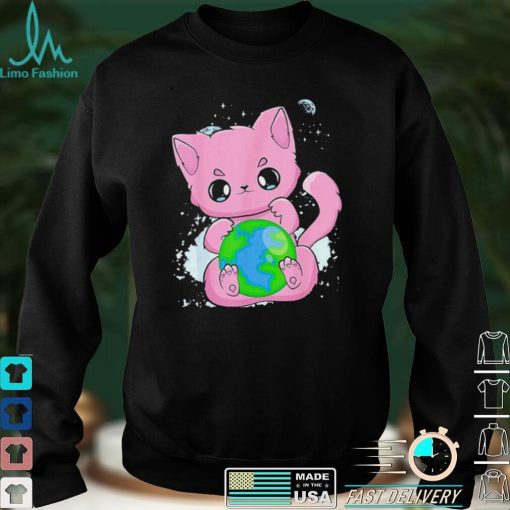 Black Cat Earth Day Globe Anime Neko Kitten T Shirt