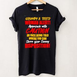Grumpy and tired woman alert approach with caution shirt