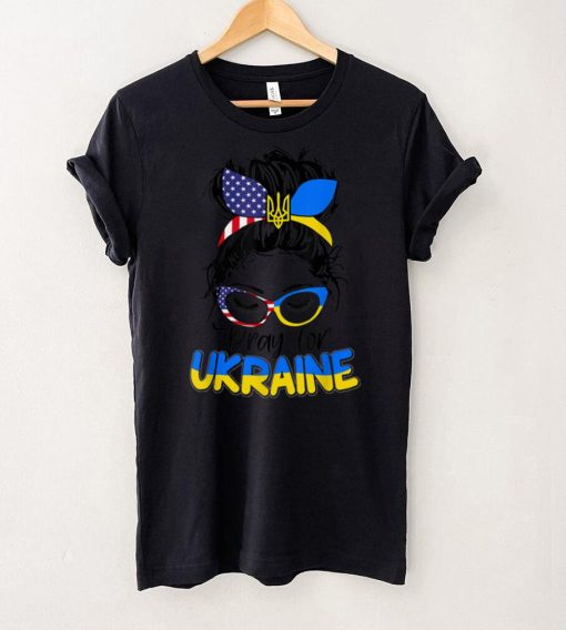 Pray for Ukraine Messy bun women USA American Ukranian flag T Shirt