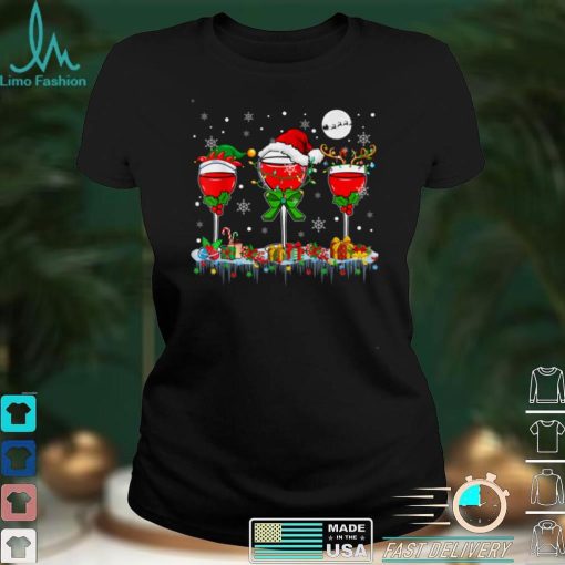 Christmas Light Three Santa Reindeer Elf Wine Glasses Lover T Shirt