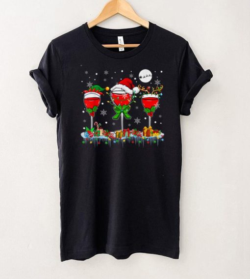 Christmas Light Three Santa Reindeer Elf Wine Glasses Lover T Shirt