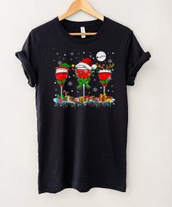 Christmas Light Three Santa Reindeer Elf Wine Glasses Lover T Shirt