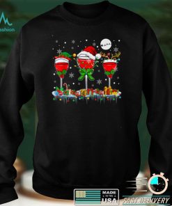 Christmas Light Three Santa Reindeer Elf Wine Glasses Lover T Shirt