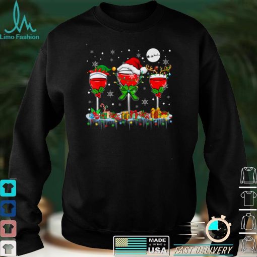 Christmas Light Three Santa Reindeer Elf Wine Glasses Lover T Shirt