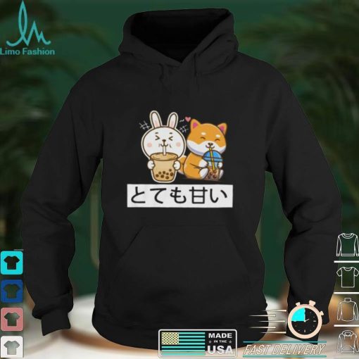 Cute Anime Kawaii Bunny And Fox Drinking Bubble Tea Lover Short Sleeve Unisex T Shirt
